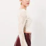 Lace Long Sleeve Crop Top-White - Image 3