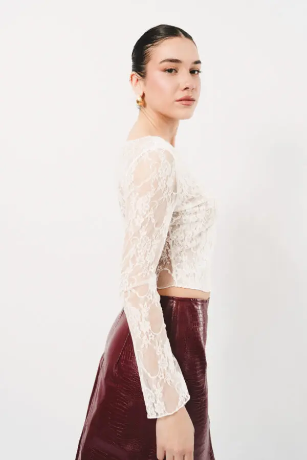 Lace Long Sleeve Crop Top-White - Image 3