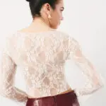 Lace Long Sleeve Crop Top-White - Image 4