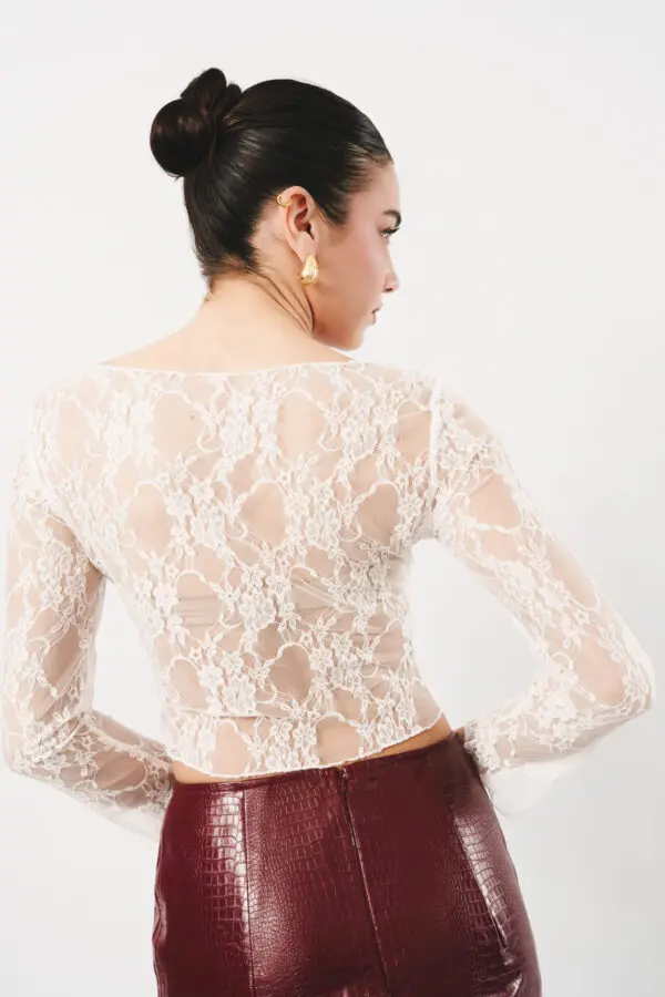 Lace Long Sleeve Crop Top-White - Image 4
