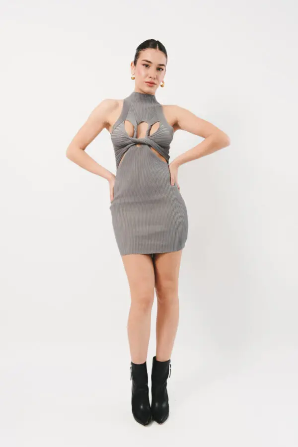 Sleeveless Ribbed Mini Dress With Chest Detail -Grey - Image 3