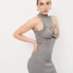 Sleeveless Ribbed Mini Dress With Chest Detail -Grey