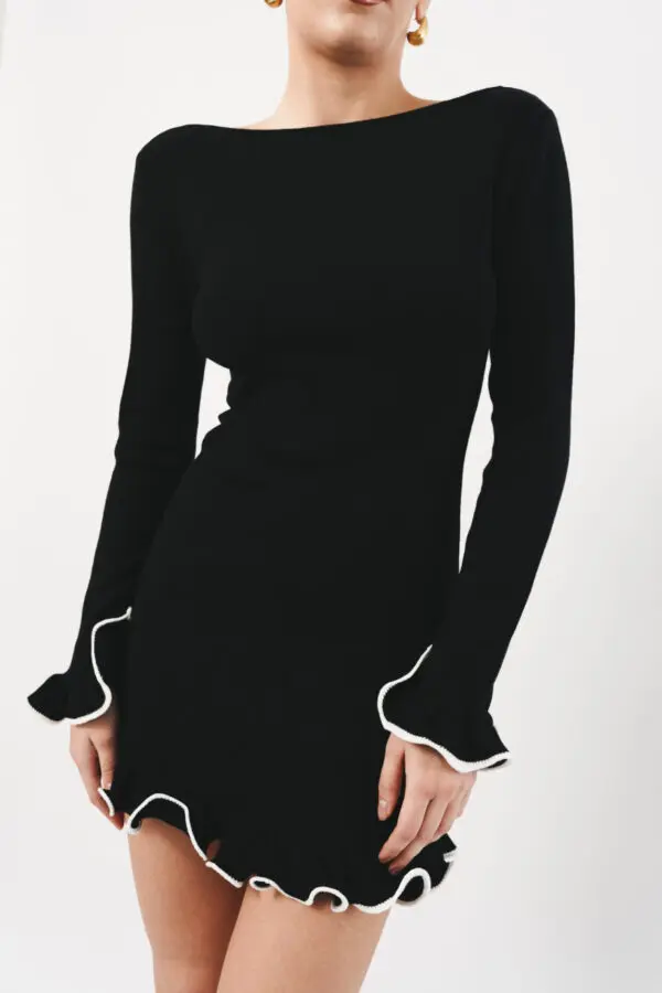 Long Sleeve Mini Knitted Dress With Wave Effect At The Edges