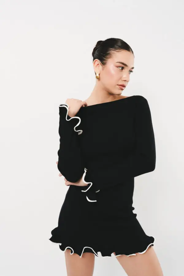 Long Sleeve Mini Knitted Dress With Wave Effect At The Edges - Image 2