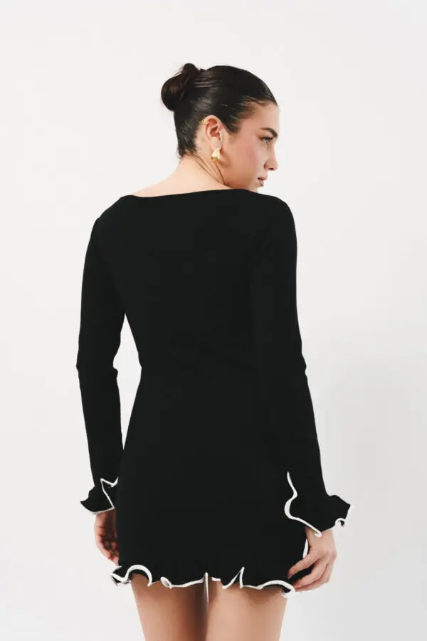 Long Sleeve Mini Knitted Dress With Wave Effect At The Edges - Image 4