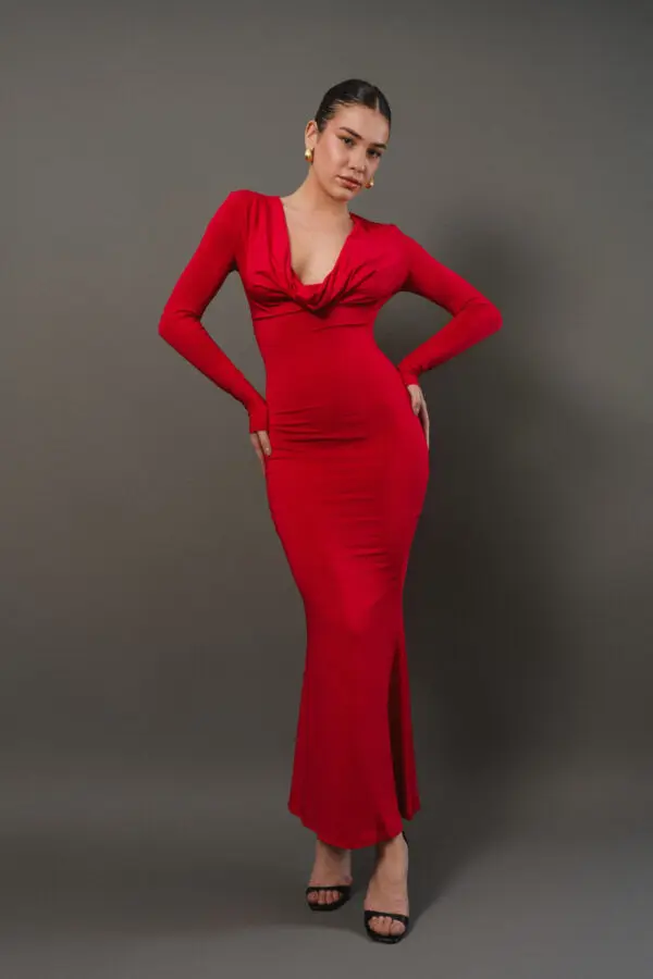 Maxi Long Sleeve Dress Draped At The Chest