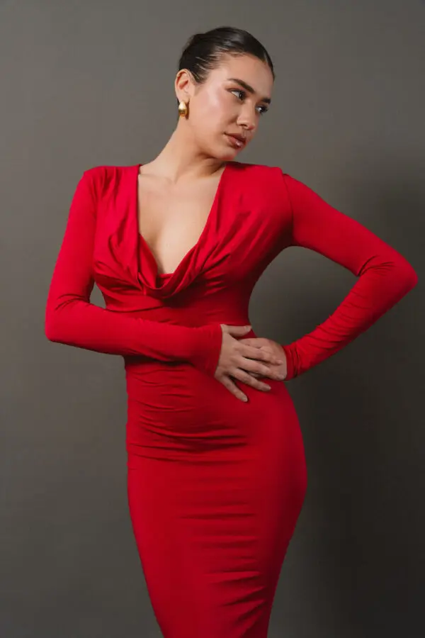 Maxi Long Sleeve Dress Draped At The Chest - Image 4