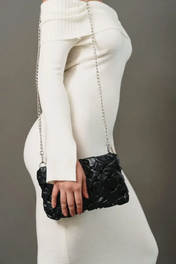 Δερματίνη Τσάντα Clutch Με Πλεκτό Σχέδιο -Μαύρο - Image 2