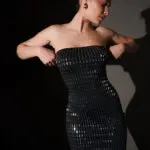 Strapless Mini Dress Decorated With Rhinestones - Black