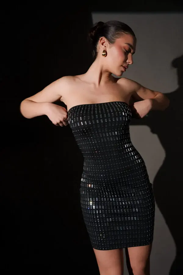 Strapless Mini Dress Decorated With Rhinestones - Black