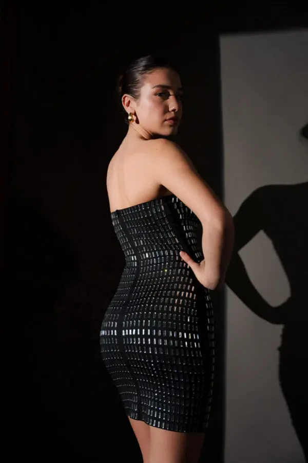 Strapless Mini Dress Decorated With Rhinestones - Black - Image 4