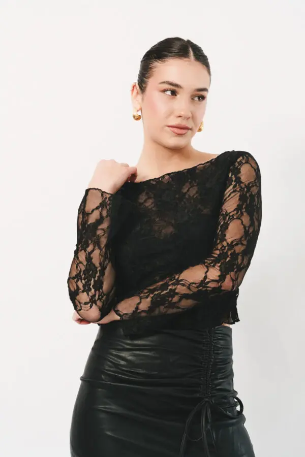 Δαντελένιο Μακρυμάνικο Crop Top- Μαύρο - Image 2