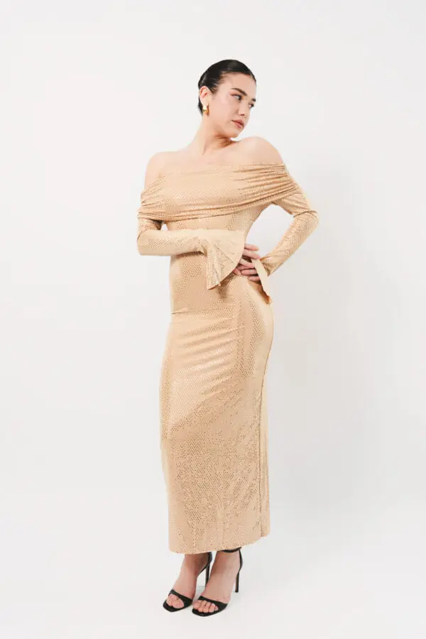 Long Sleeve Off The Shoulder Maxi Dress Embellished With Shiny Details - Image 2