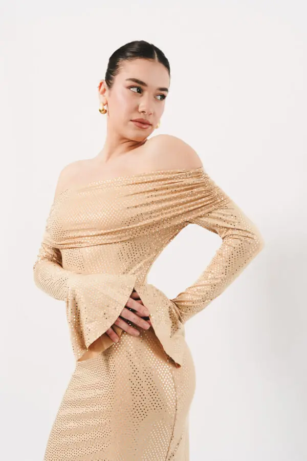 Long Sleeve Off The Shoulder Maxi Dress Embellished With Shiny Details