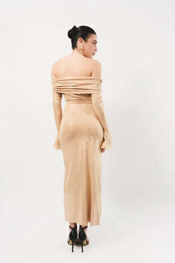 Long Sleeve Off The Shoulder Maxi Dress Embellished With Shiny Details - Image 3