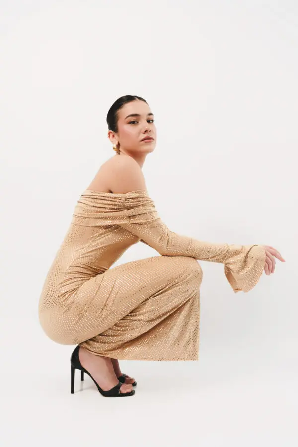 Long Sleeve Off The Shoulder Maxi Dress Embellished With Shiny Details - Image 4