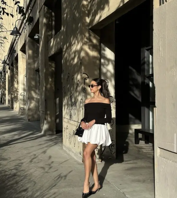 Long Sleeve Mini Balloon Two-Tone Off Shoulder Dress