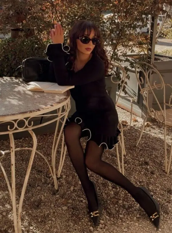 Long Sleeve Mini Knitted Dress With Wave Effect At The Edges - Image 6