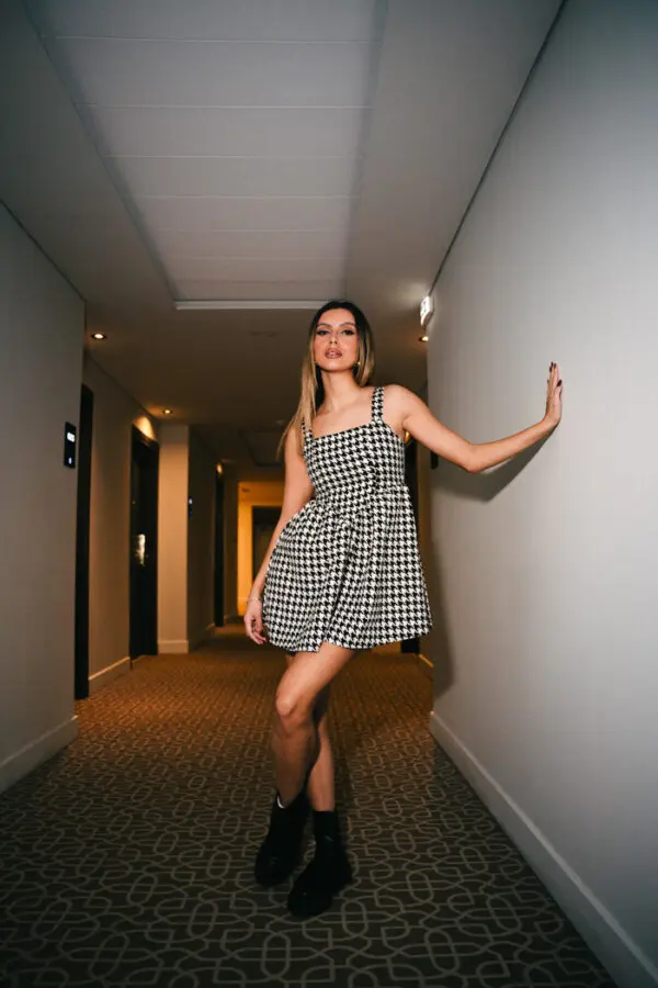 Mini Plaid Dress With Straps And A Line
