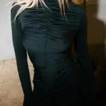 Mini Long Sleeved Dress With High Neckline And Vertical Fold Detail -Black - Image 2