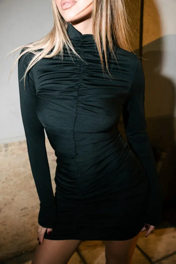 Mini Long Sleeved Dress With High Neckline And Vertical Fold Detail -Black - Image 2