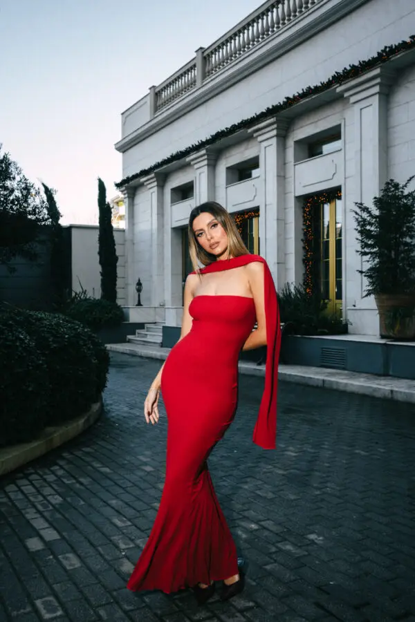 Maxi Στράπλες Γοργονέ Φόρεμα Με Λεπτομέρεια Φουλάρι