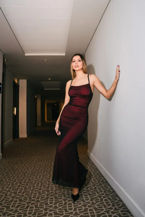 Maxi Draped Tulle Dress With Red Lining And Straps