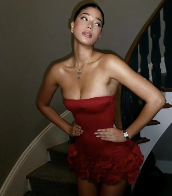 Mini Strapless Satin Dress With Corset Decorated With 3D Flowers At The Bottom
