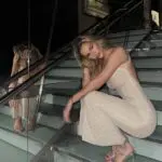 Maxi Dress Decorated With Rhinestones And Mesh Straps- Beige - Image 2