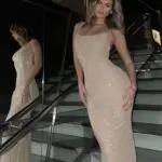 Maxi Dress Decorated With Rhinestones And Mesh Straps- Beige