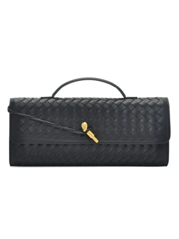 Δερματίνη Τσάντα Clutch Με Πλεκτό Σχέδιο Και Χρυσό Κούμπωμα Κόμπος -Μαύρο