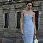 Co-Ord Set Maxi Fitted Skirt And Strapless Fitted Top With Corset Effect And Detachable Scarf- Light Blue