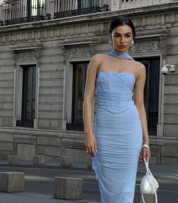 Co-Ord Set Maxi Fitted Skirt And Strapless Fitted Top With Corset Effect And Detachable Scarf- Light Blue