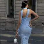 Co-Ord Set Maxi Fitted Skirt And Strapless Fitted Top With Corset Effect And Detachable Scarf- Light Blue - Image 2