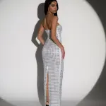 Maxi Strapless Dress Decorated With Rhinestones And Mirrors -White - Image 4