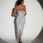 Maxi Strapless Dress Decorated With Rhinestones And Mirrors -White - Image 6