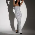 Maxi Strapless Dress Decorated With Rhinestones And Mirrors -White