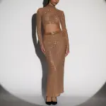 See-Through Co-Ord Set Decorated With Rhinestones - Long Sleeve Crop Top With Maxi Skirt - Image 4
