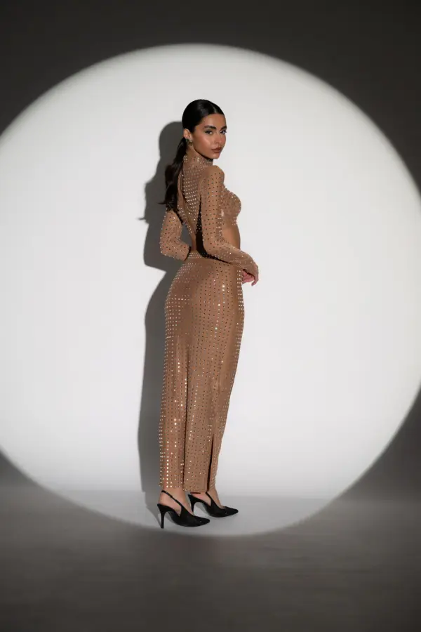 See-Through Co-Ord Set Decorated With Rhinestones - Long Sleeve Crop Top With Maxi Skirt - Image 5