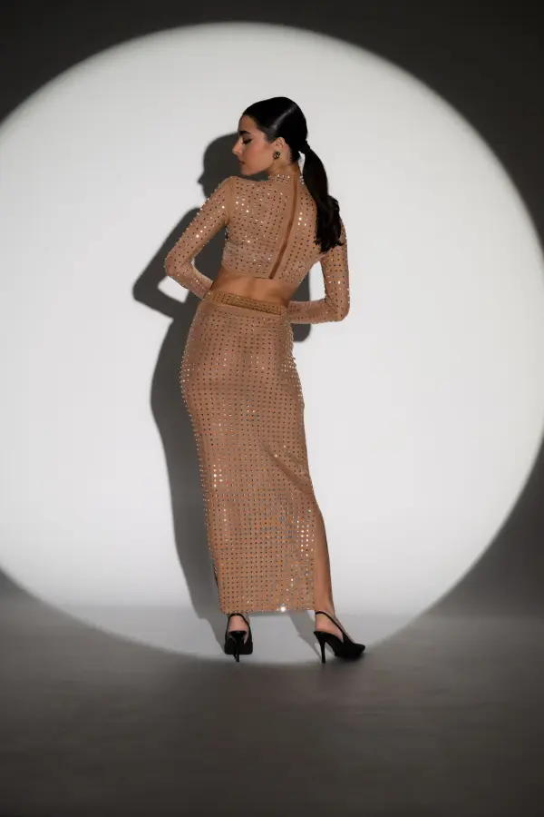 See-Through Co-Ord Set Decorated With Rhinestones - Long Sleeve Crop Top With Maxi Skirt - Image 6
