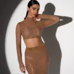 See-Through Co-Ord Set Decorated With Rhinestones - Long Sleeve Crop Top With Maxi Skirt