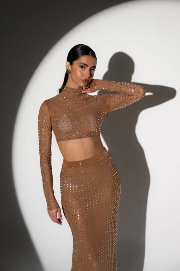 See-Through Co-Ord Set Decorated With Rhinestones - Long Sleeve Crop Top With Maxi Skirt