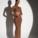 See-Through Co-Ord Set Decorated With Rhinestones - Long Sleeve Crop Top With Maxi Skirt - Image 3