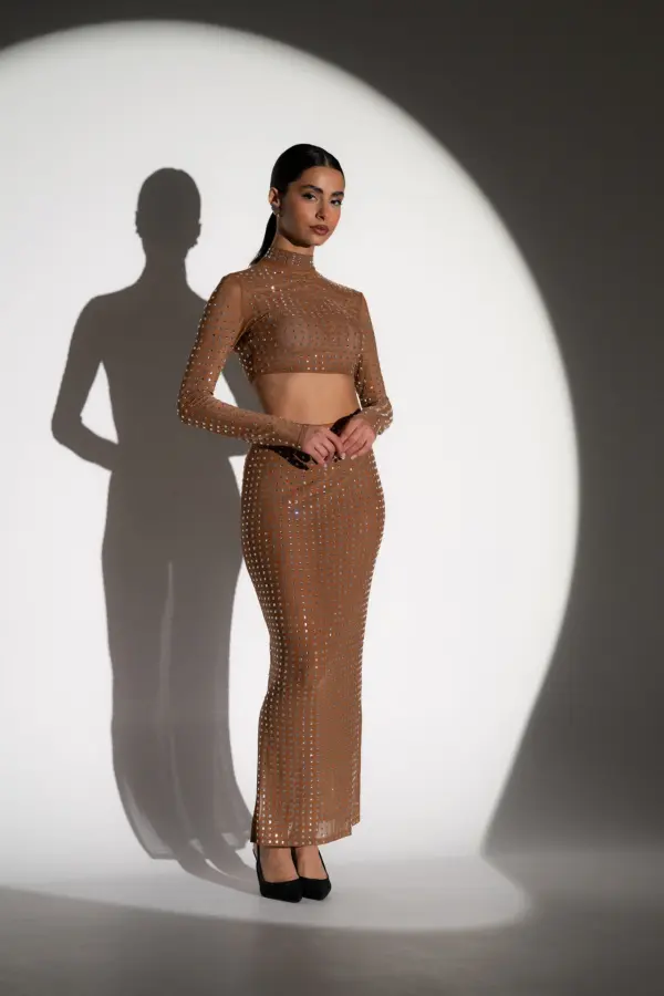 See-Through Co-Ord Set Decorated With Rhinestones - Long Sleeve Crop Top With Maxi Skirt - Image 3