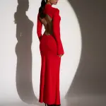 NAME THE DRESS Maxi Long-Sleeve Dress With Open Back And High Neckline -Red - Image 6