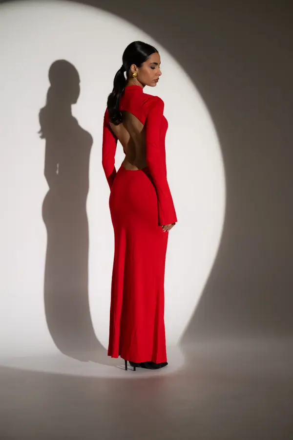 NAME THE DRESS Maxi Long-Sleeve Dress With Open Back And High Neckline -Red - Image 6