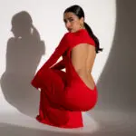 NAME THE DRESS Maxi Long-Sleeve Dress With Open Back And High Neckline -Red