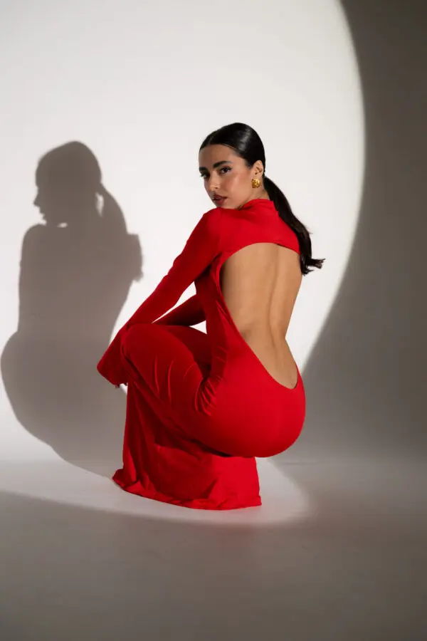 NAME THE DRESS Maxi Long-Sleeve Dress With Open Back And High Neckline -Red