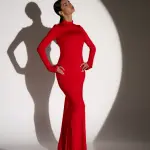 NAME THE DRESS Maxi Long-Sleeve Dress With Open Back And High Neckline -Red - Image 5