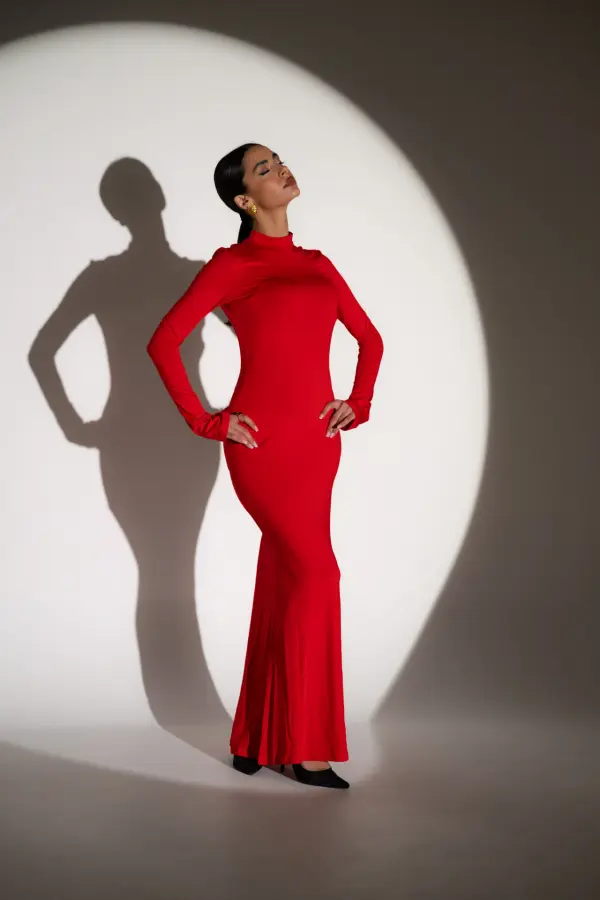 NAME THE DRESS Maxi Long-Sleeve Dress With Open Back And High Neckline -Red - Image 5